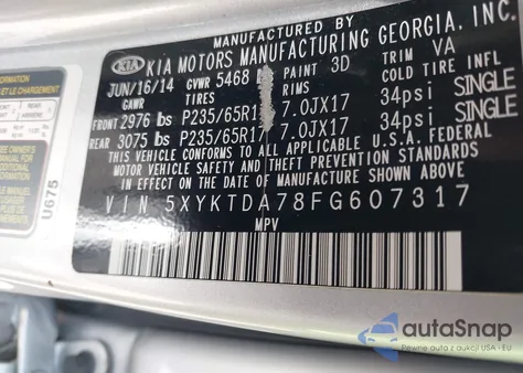 2015 Kia Sorento Lx V6 z USA, uszkodzony, nr VIN 5XYKTDA78FG607317